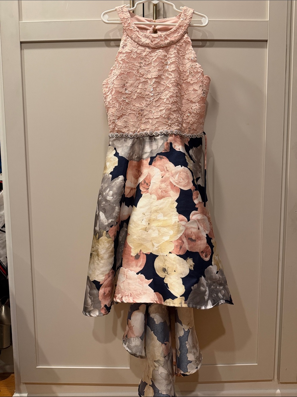 Speechless Blush Lace Bodice with Navy and Floral High-Low Skirt
